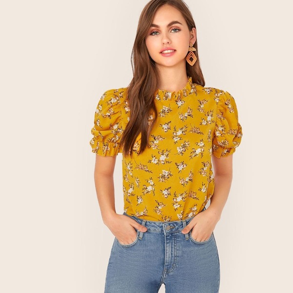 

Floral Print Frilled Neckline Puff Sleeve Top, Yellow