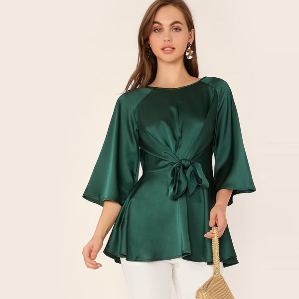 

Raglan Bell Sleeve Tie Front Satin Top, Green