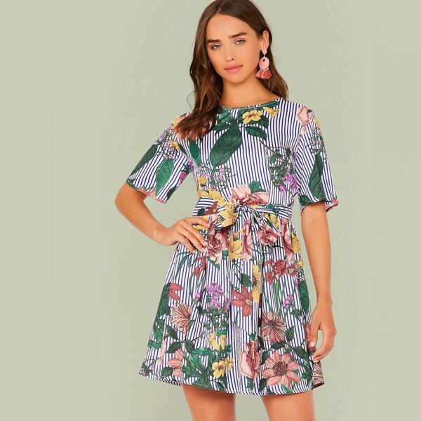 

Keyhole Back Floral & Striped Print Belted Dress, Multicolor