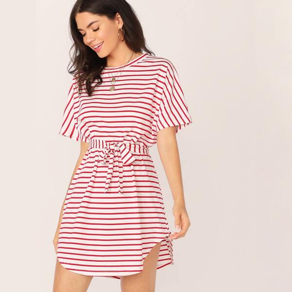 

Batwing Sleeve Self Belted Curved Hem Striped Dress