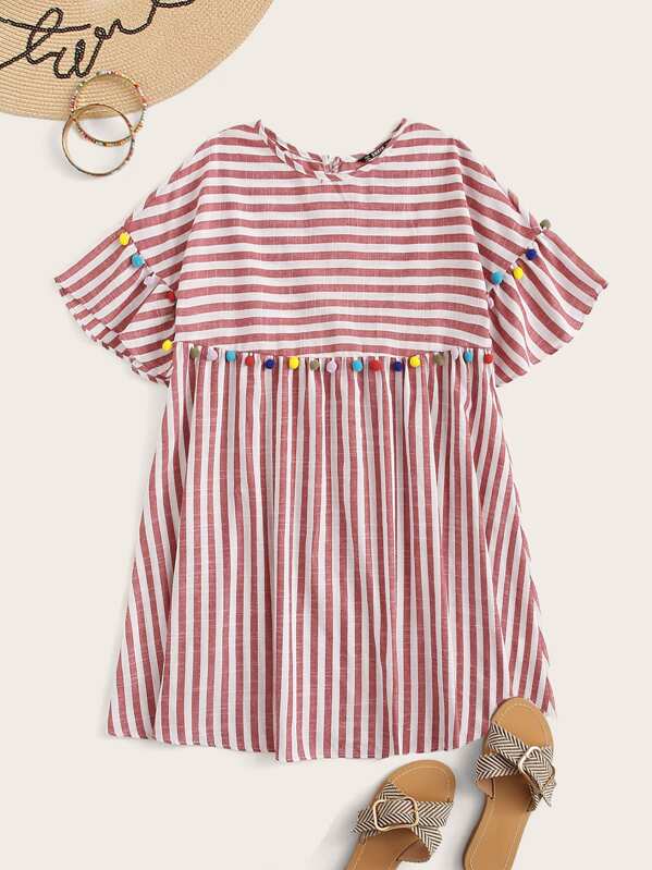 

Colorful Pompom Detail Striped Smock Dress, Red
