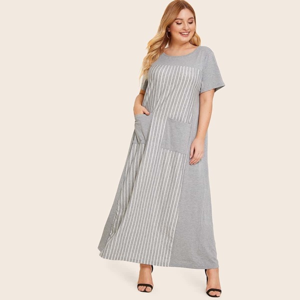 

Plus Pocket Front Heather Grey Striped Dress