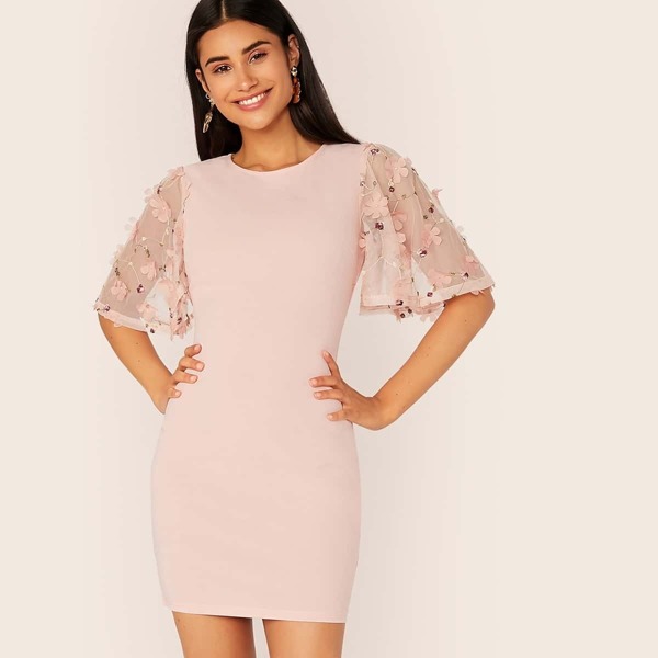 

Embroidery Appliques Mesh Sleeve Pencil Dress