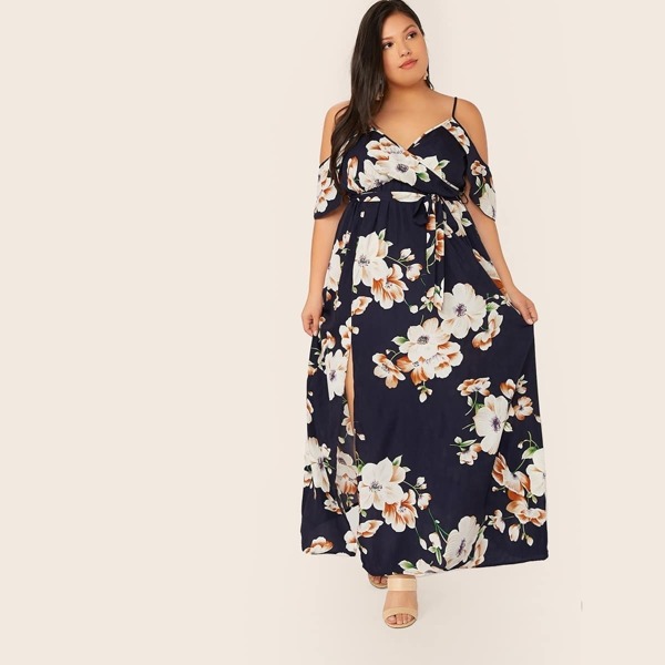 

Plus Surplice Neck Cold Shoulder High Split Dress, Navy