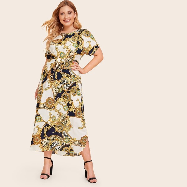 

Plus Mixed Scarf Print Self Belted Dress, Multicolor