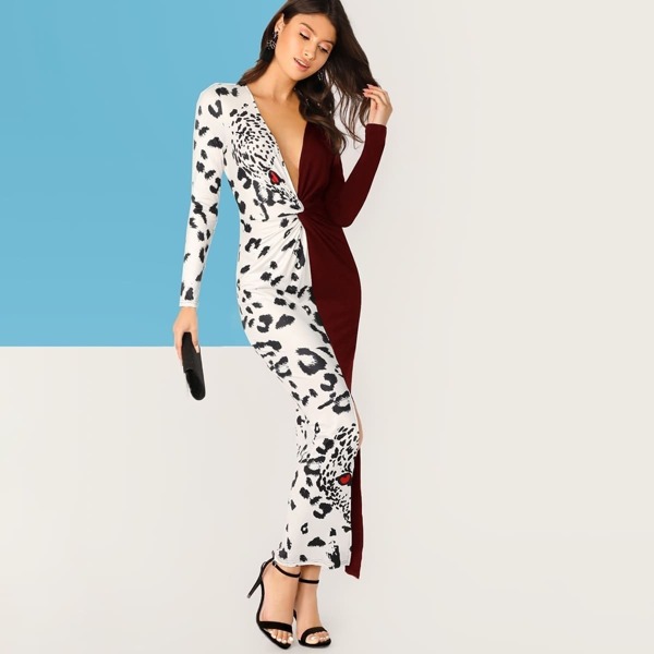 

Plunging Neck Twist Front Leopard Pencil Dress, Multicolor