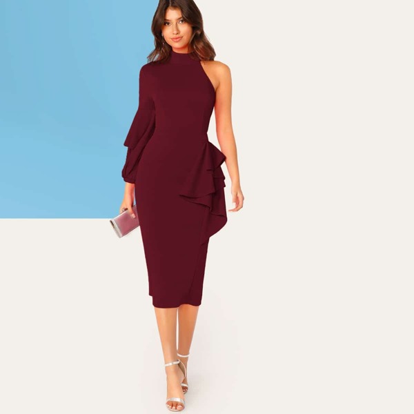 

One Shoulder Lantern Sleeve Ruffle Trim Pencil Dress, Burgundy