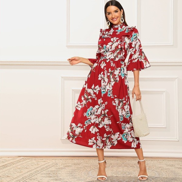 

Frill Neck Ruffle Trim Floral Print Dress, Multicolor