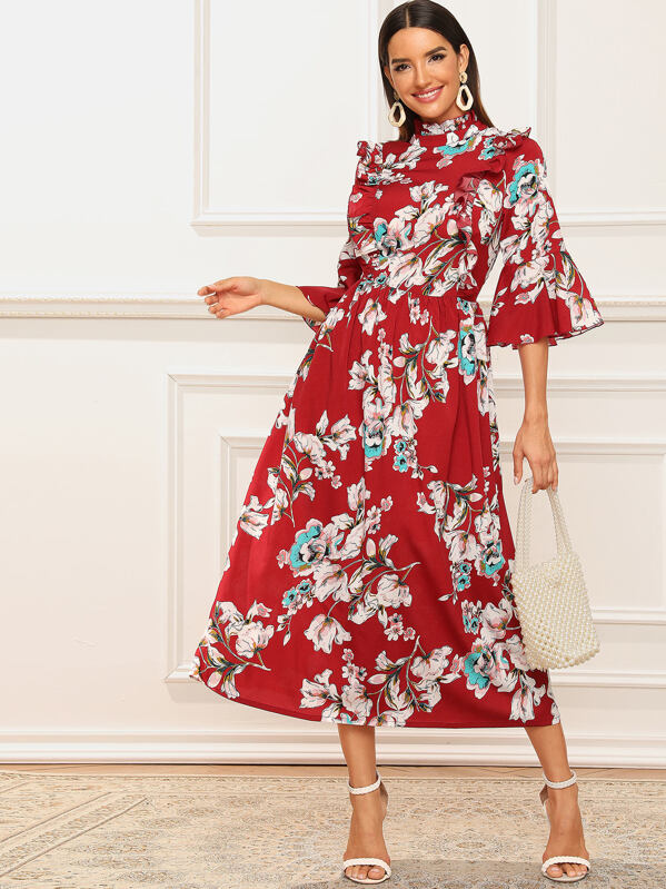 

Frill Neck Ruffle Trim Floral Print Dress, Multicolor, Juliana