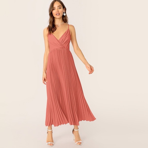 

Solid Surplice Neck Pleated Hem Slip Dress, Pink pastel