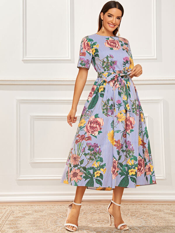 

Floral and Striped Keyhole Back Self Belted Dress, Multicolor, Juliana