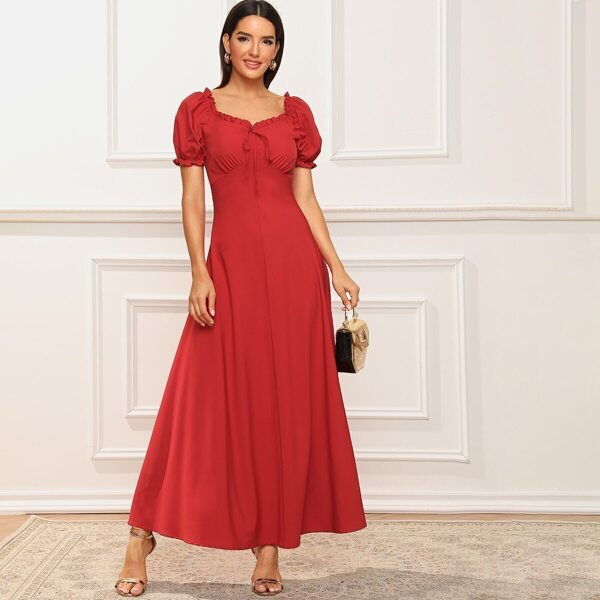 Tie Neck Frill Trim Fit & Flare Dress, Red
