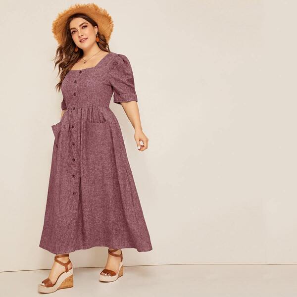 

Plus Puff Sleeve Patch Pocket Detail Button Up Dress, Burgundy