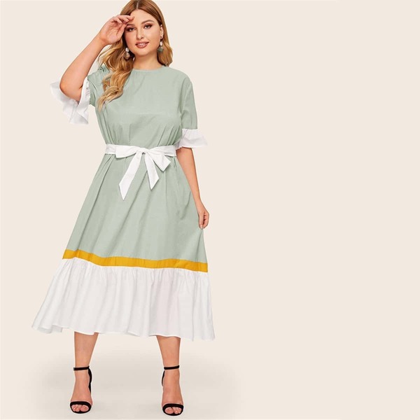 

Plus Ruffle Cuff and Hem Self Belted Colorblock Dress