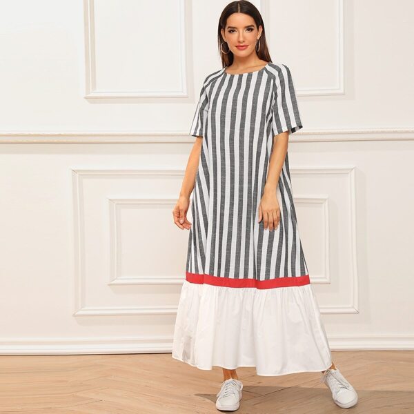 

Cut-and-Sew Flippy Hem Striped Dress
