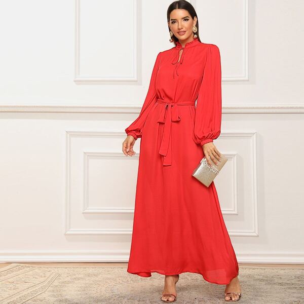 

Frill Tie Neck Lantern Sleeve Belted Dress, Red