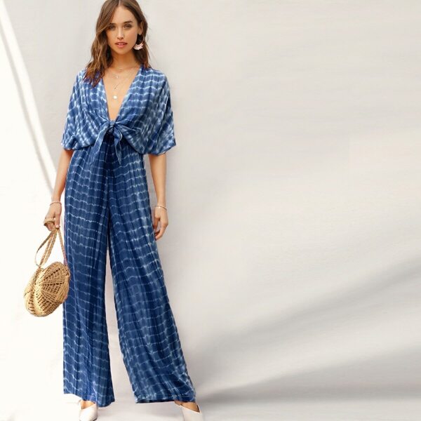 

Plunging Neck Batwing Sleeve Tie Front Palazzo Jumpsuit, Navy