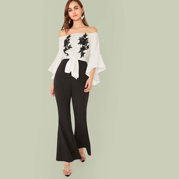

Two Tone Embroidery Appliques Flounce Sleeve Flare Leg Jumpsuit, Black and white