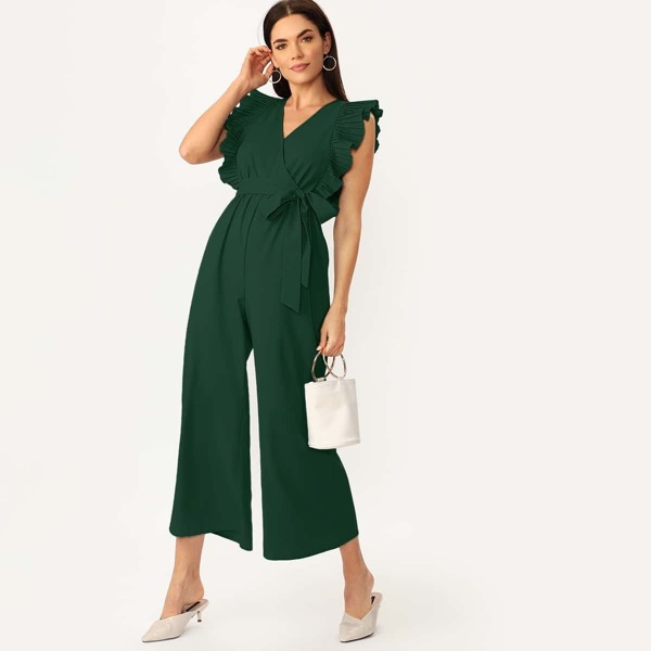 

Pleated Ruffle Armhole Wrap Tie Side Wide Leg Jumpsuit, Green