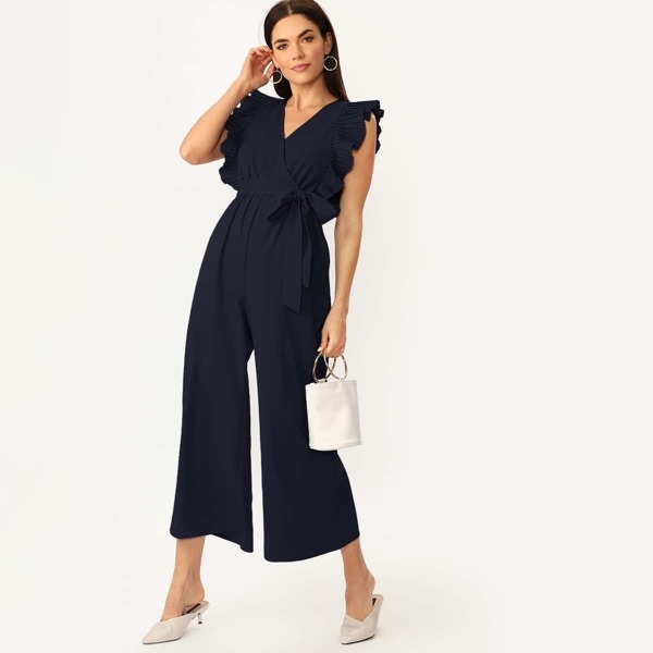 

Pleated Ruffle Armhole Wrap Tie Side Wide Leg Jumpsuit, Navy