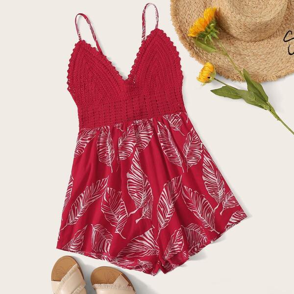 

Jungle Leaf Print Tie Back Crochet Cami Romper, Red
