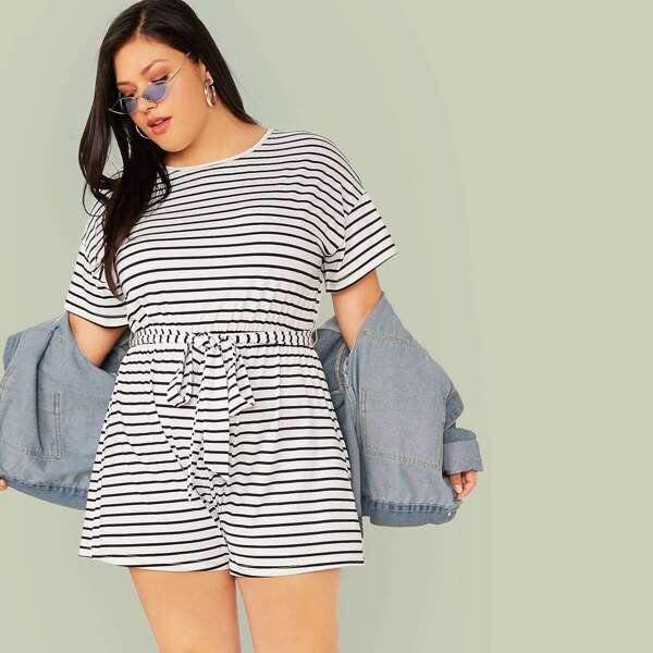 

Plus Drop Shoulder Self Belted Striped Romper, White