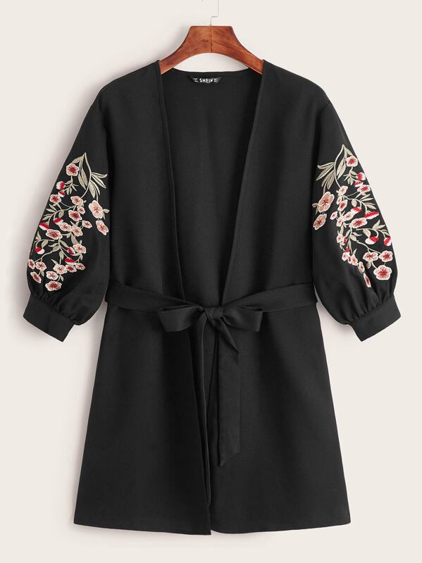 

Plus Embroidered Floral Belted Kimono, Black