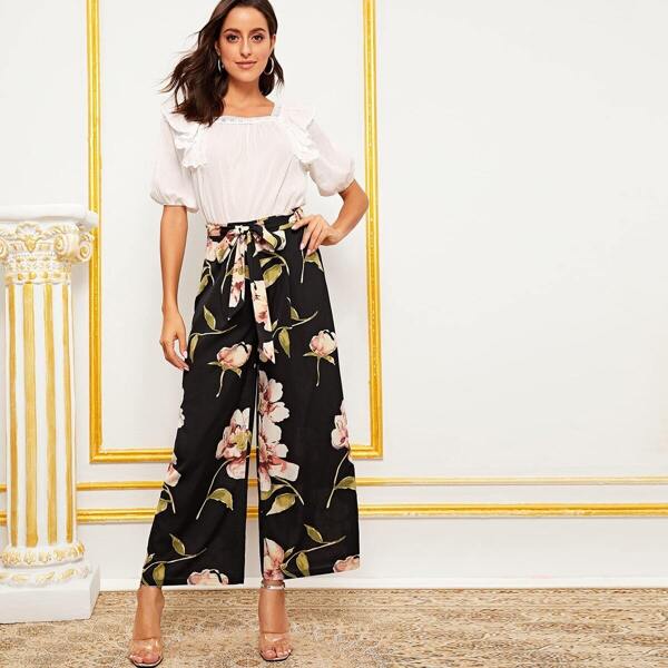 

Floral Print Belted Palazzo Pants, Black
