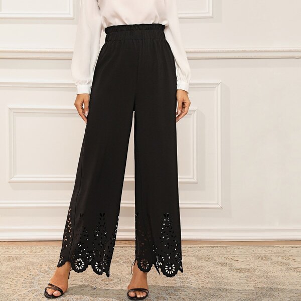 

Paperbag Waist Laser Cut Palazzo Pants, Black