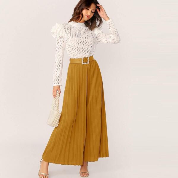 

Pearls Buckle Belted Pleated Wide Leg Pants, Yellow