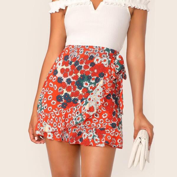 

Ditsy Floral Print Ruffle Wrap Knotted Skirt, Multicolor