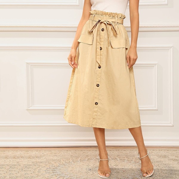 

Button Front Paperbag Waist Belted Skirt, Khaki