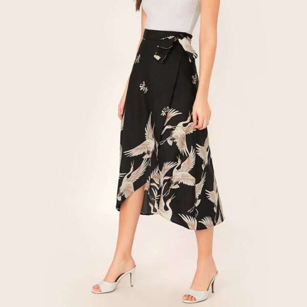 

Wrap Tie Side Crane Bird Print Skirt, Black