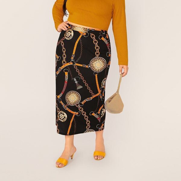 

Plus Chain Print Pencil Skirt, Multicolor
