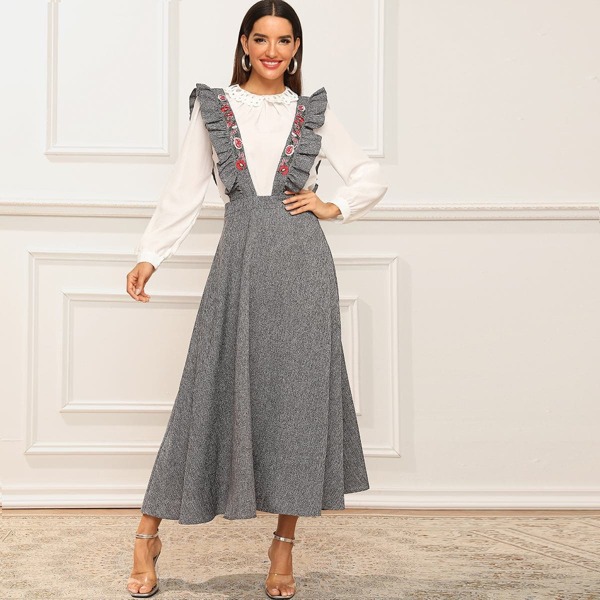 

Embroidered Floral Ruffle Strap Skirt, Grey