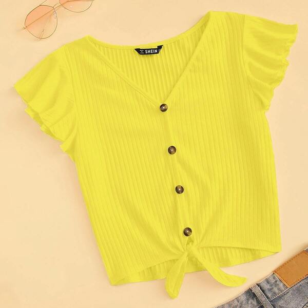 

Neon Yellow Buttoned Front Knot Hem Rib-knit Top, Yellow bright