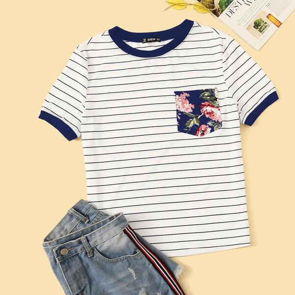 

Floral Pocket Patched Striped Ringer Tee