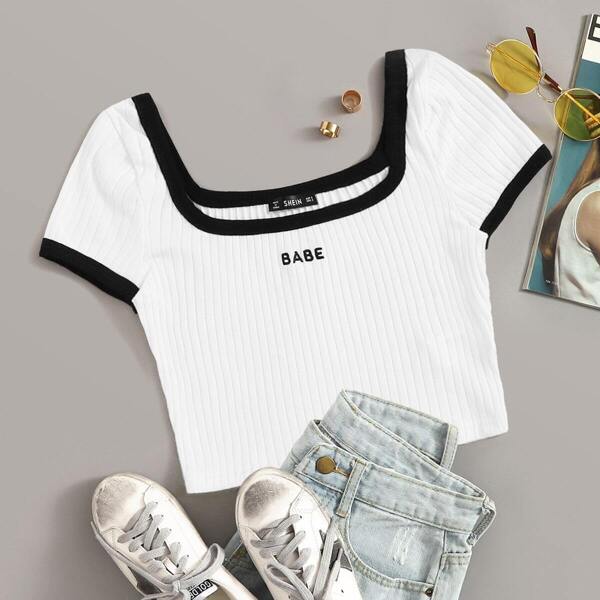 

Embroidered Letter Rib-knit Ringer Top, White