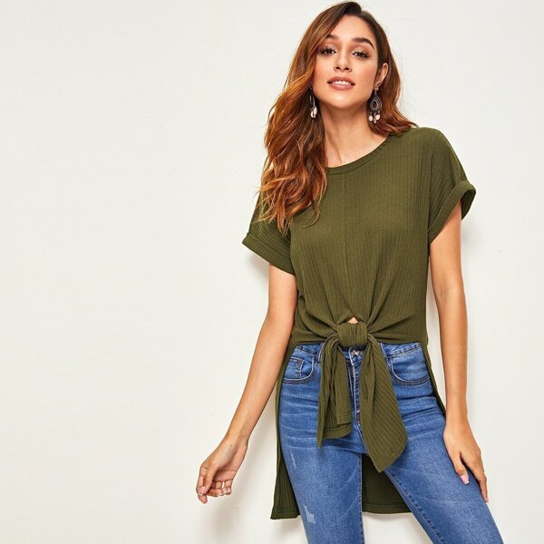 

Tie Front Cuffed Sleeve Rib-knit High-low Hem Top, Army green