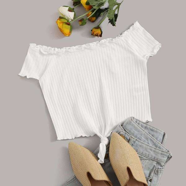 

Tie Front Lettuce Trim Rib-knit Bardot Top