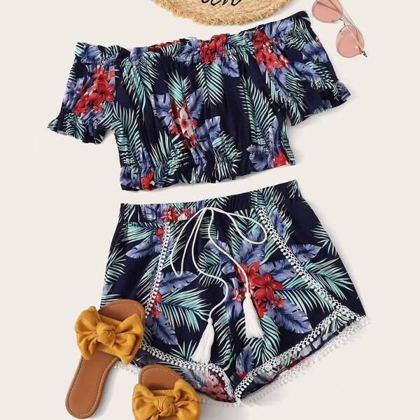 

Tropical Print Bardot Crop Top & Fringe Drawstring Shorts Set, Multicolor