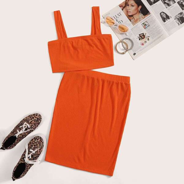 

Neon Orange Rib-knit Crop Top & Slit Hem Skirt Set