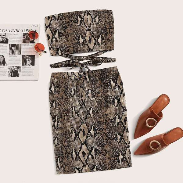 

Snakeskin Print Criss-cross Knot Bandeau & Skirt Set, Multicolor