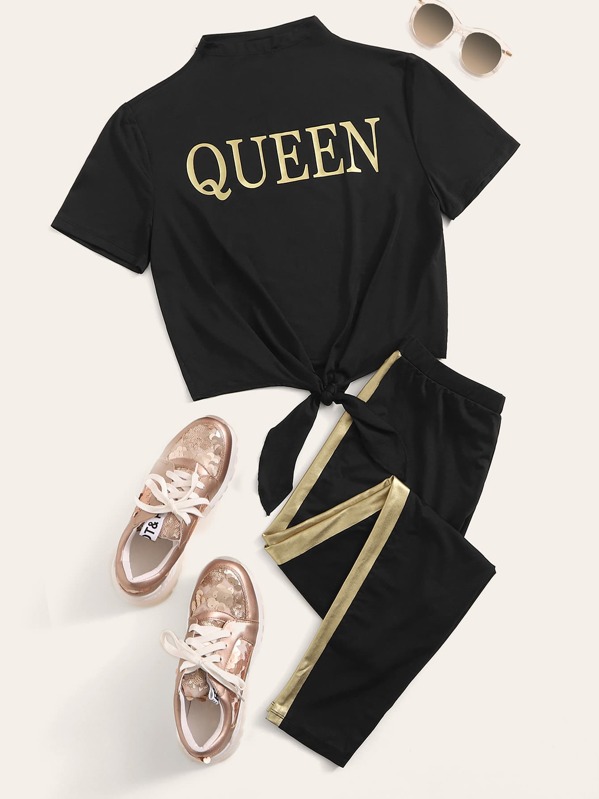 

Letter Print Knot Hem Top and Contrast Sideseam Leggings Set, Black