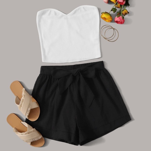 

Solid Tube Top & Belted Shorts Set, Black and white
