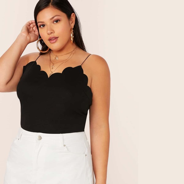

Plus Solid Scalloped Trim Cami Top, Black