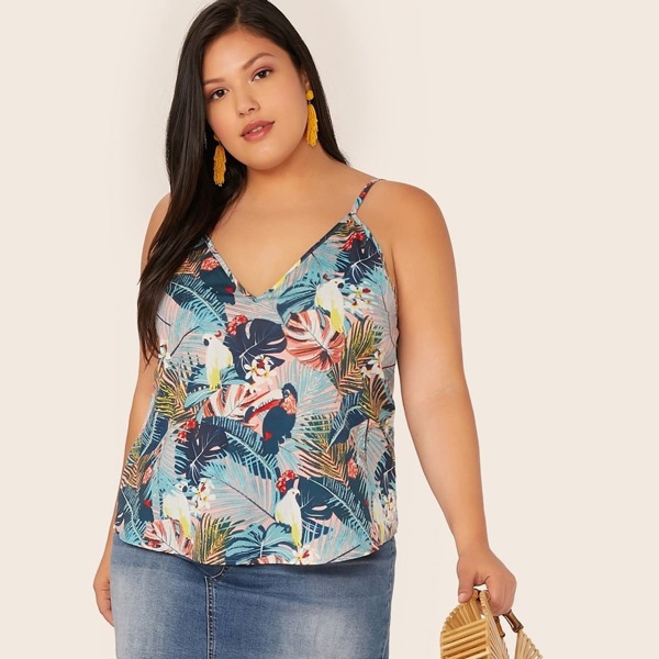 

Plus Double V-Neck Tropical Print Cami Top