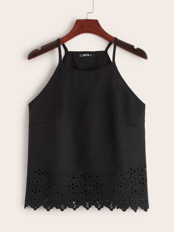 

Scallop Edge Laser Cut Cami Top, Black