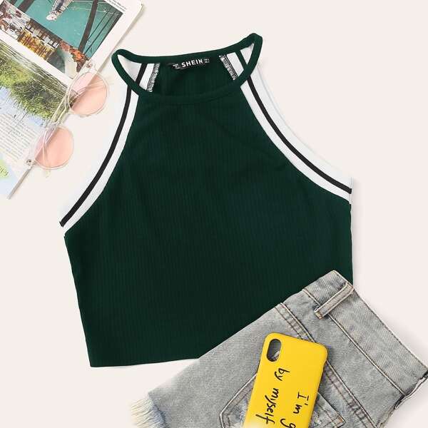 

Striped Trim Halter Top, Green