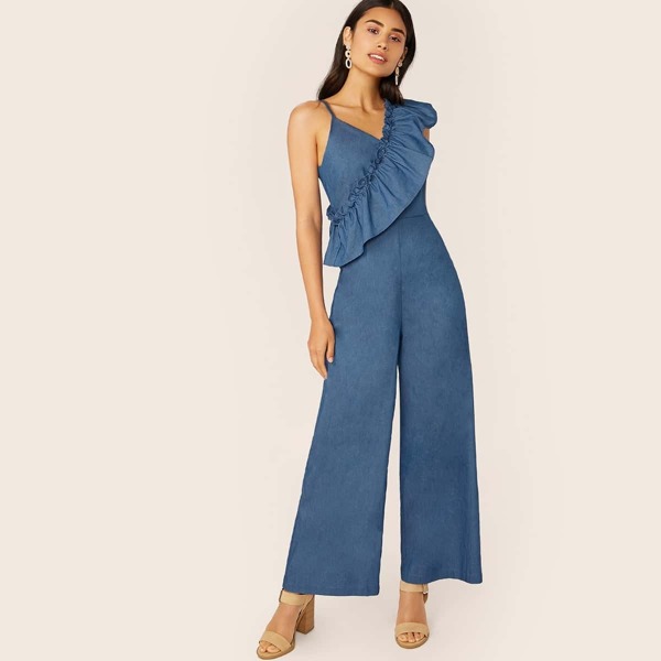 

One Shoulder Ruffle Trim Sleeveless Denim Jumpsuit, Blue